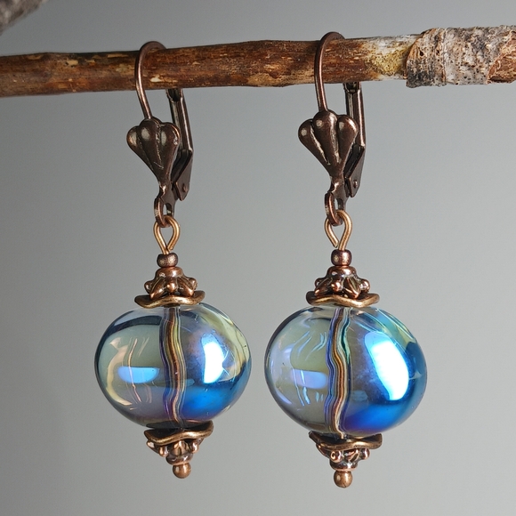 HAND CRAFTED EARRINGS Blue Aurora Borealis Glass Copper Dangle Drop - Picture 4 of 7